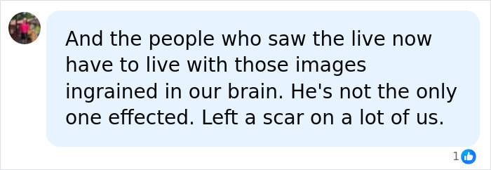 Screenshot of a comment about Perez Hilton recovery and disturbing livestream, mentioning lasting images and a scar. Screenshot of a comment about Perez Hilton recovery and disturbing livestream, mentioning lasting images and a scar.