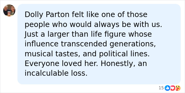 A social media comment describing Dolly Parton as a larger-than-life figure with broad influence, mentioning her illness.