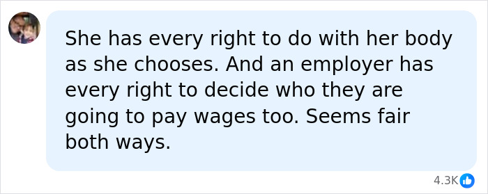 A social media comment discussing the rights of the mom with 800 tattoos and employers. A social media comment discussing the rights of the mom with 800 tattoos and employers.