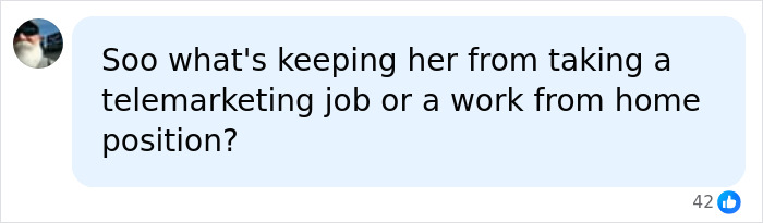 A comment questioning why a mom with tattoos can't get a telemarketing or work from home position. A comment questioning why a mom with tattoos can't get a telemarketing or work from home position.