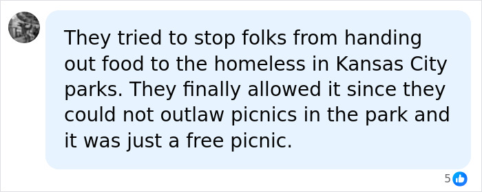 A comment about Kansas City allowing free picnics, hinting at support for the Missouri grandma's free breakfasts. A comment about Kansas City allowing free picnics, hinting at support for the Missouri grandma's free breakfasts.