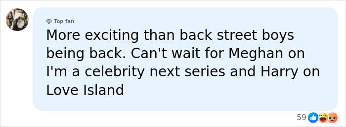 A social media comment about Meghan Markle and Prince Harry's return to UK sparking outrage, mentioning reality TV. A social media comment about Meghan Markle and Prince Harry's return to UK sparking outrage, mentioning reality TV.
