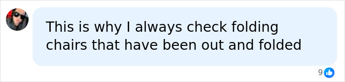A social media comment about checking chairs for spiders to avoid being attacked on a camping trip. A social media comment about checking chairs for spiders to avoid being attacked on a camping trip.