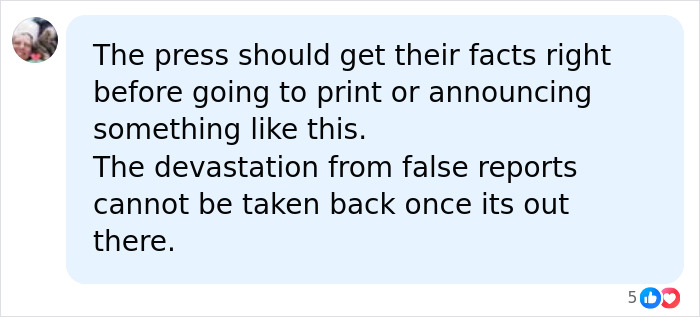 A social media comment criticizing the press for false reports in the missing teen case, highlighting the devastation.