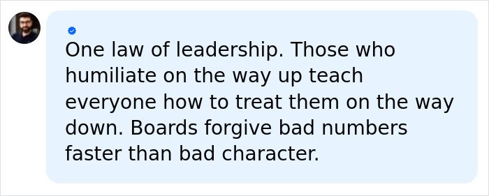 Screenshot of a comment on leadership, about the CEO firing 900 employees via Zoom and now furious as karma comes.