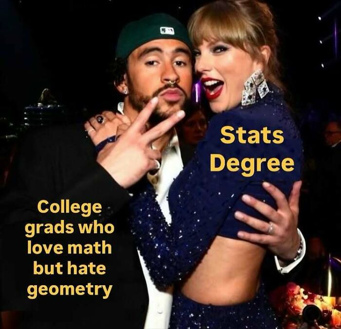 A statistics meme featuring college grads who love math but hate geometry, embracing a stats degree.