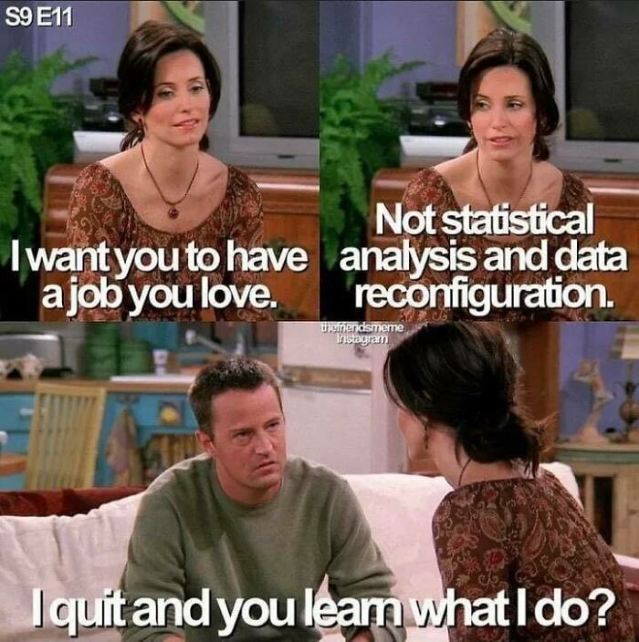 A Friends statistics meme featuring Monica and Chandler discussing careers, with text overlay about statistical analysis.