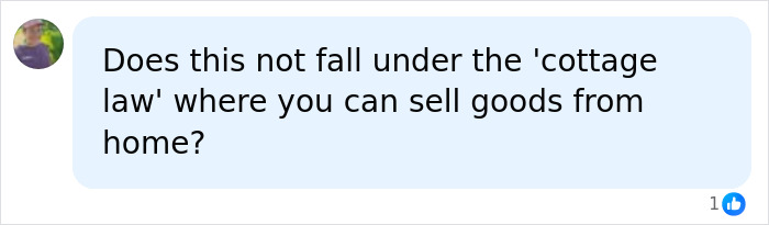 A social media comment questioning if the Missouri grandma case falls under cottage law for selling goods from home. A social media comment questioning if the Missouri grandma case falls under cottage law for selling goods from home.