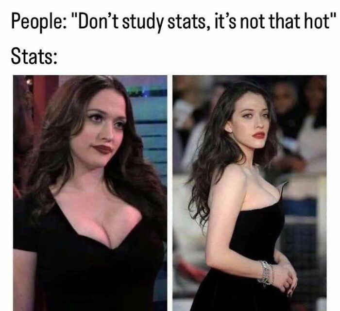 A funny stats meme depicting Kat Dennings illustrating the appeal of studying statistics.