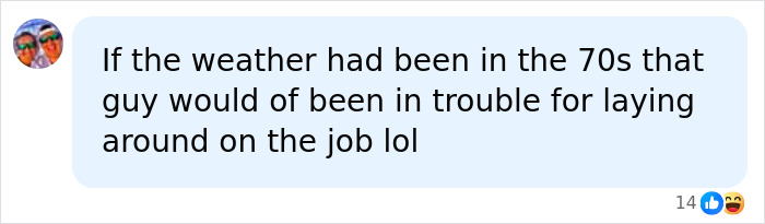 A social media comment discussing the electrician stuck in the sign, mentioning weather.