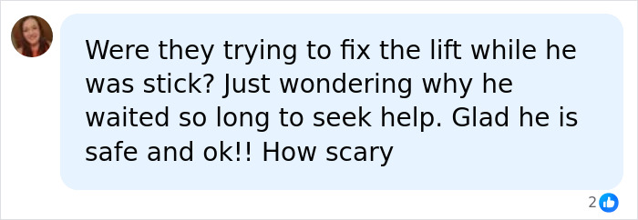 A social media comment asking about the electrician stuck in the sign and expressing relief.