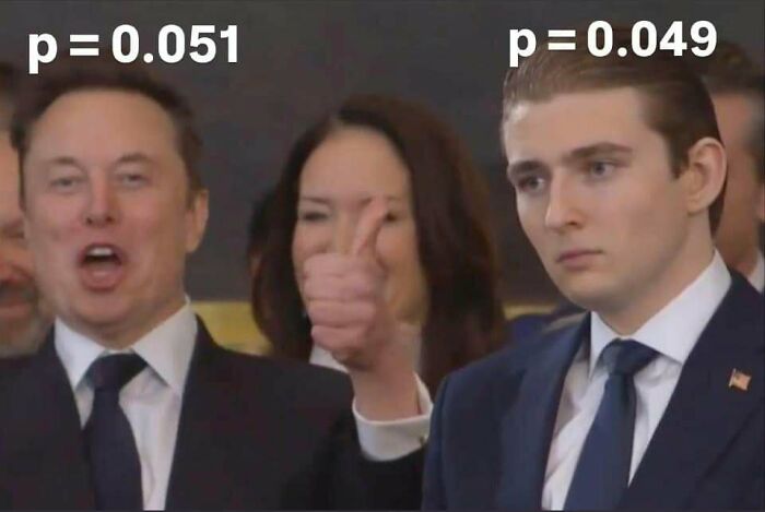 A statistics meme showing Elon Musk with p = 0.051 (happy) and a younger man with p = 0.049 (sad).