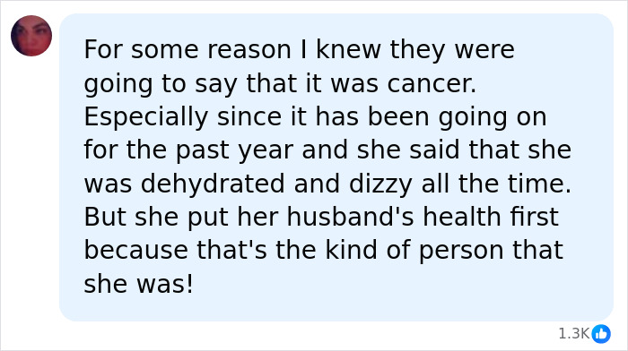 A social media comment about Dolly Parton's health, speculating about cancer and her dedication to her husband's well-being.