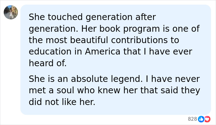 A social media comment praising Dolly Parton's contributions to education and her status as a legend, after her passing.
