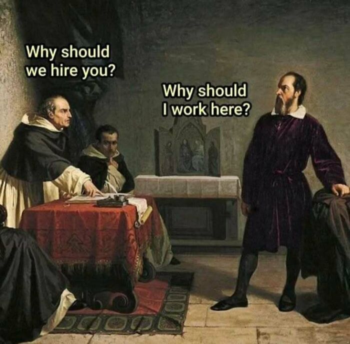 A humorous statistics meme featuring a classical painting depicting a job interview where the candidate questions the company.