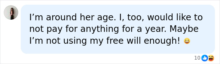 A social media comment where a user states they are around the woman's age and wants to trick a kind couple.