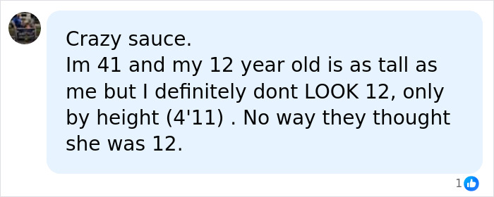 A social media comment disputing the claim that a 38-year-old woman tricked a kind couple into thinking she was a kid.