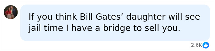 Screenshot of a Facebook comment about Bill Gates daughter potentially facing jail time for fraud.