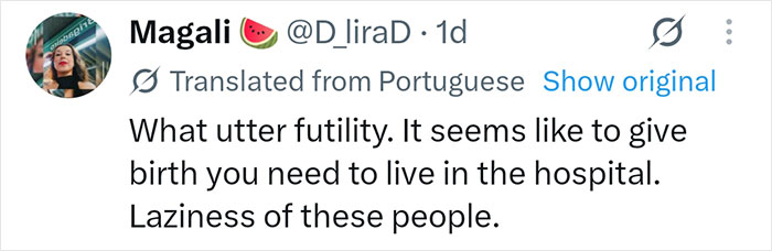 Screenshot of a social media comment in Portuguese, translated to English, criticizing the luxurious maternity suite.