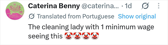 Screenshot of a social media comment in Portuguese, translated to English, with clown emojis, reacting to the maternity suite.