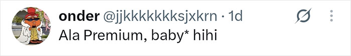Tweet from onder @jjkkkkkksjxkrn saying Ala Premium, baby* hihi, commenting on the pregnant influencer's situation.
