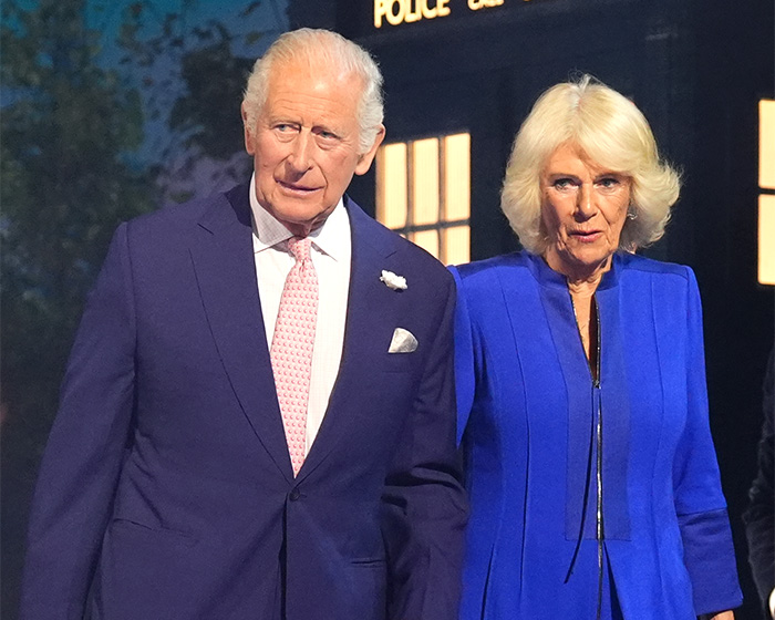 King Charles and Queen Camilla, potentially infuriated by a name change issue, standing together in blue attire.