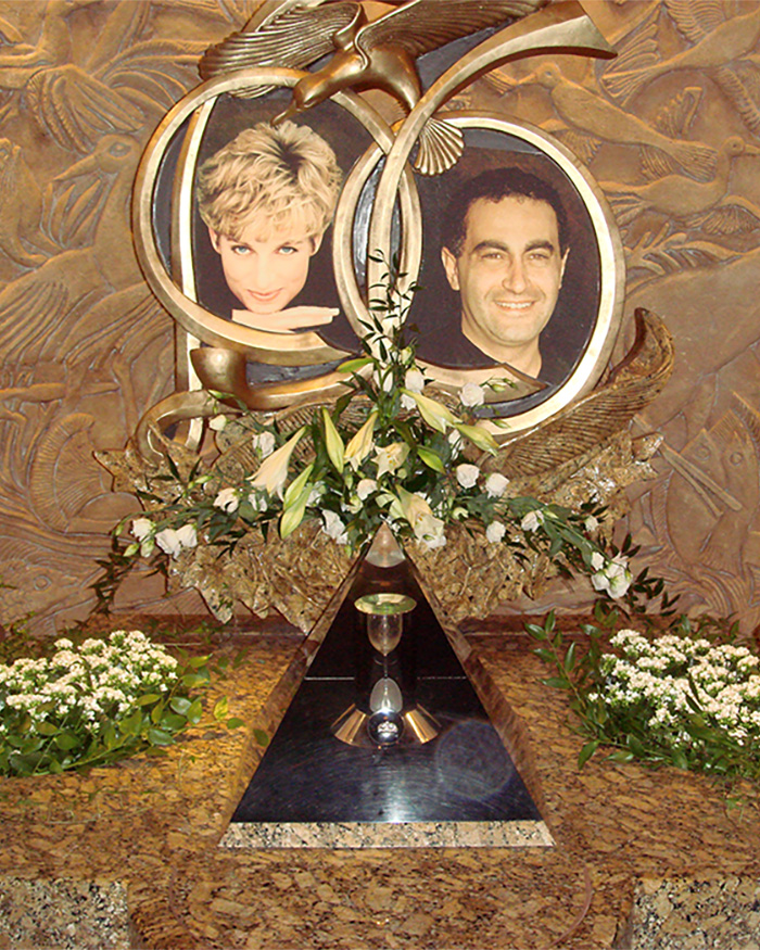 Memorial with portraits of Princess Diana and Dodi Fayed, central to the royal conspiracy theory. Memorial with portraits of Princess Diana and Dodi Fayed, central to the royal conspiracy theory.