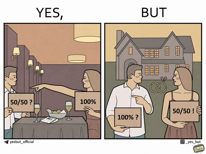 A comic strip showing a couple discussing splitting a restaurant bill, then the same couple discussing property and broken rings.