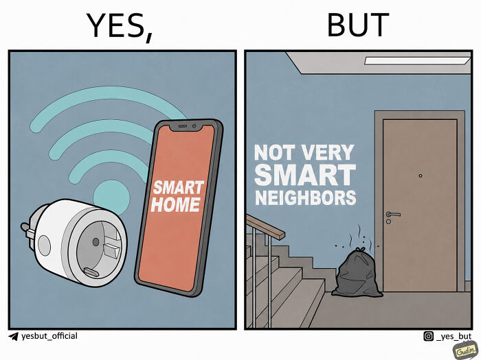 A comic strip contrasting a smart home setup with a phone and smart plug, with a messy apartment stairwell.