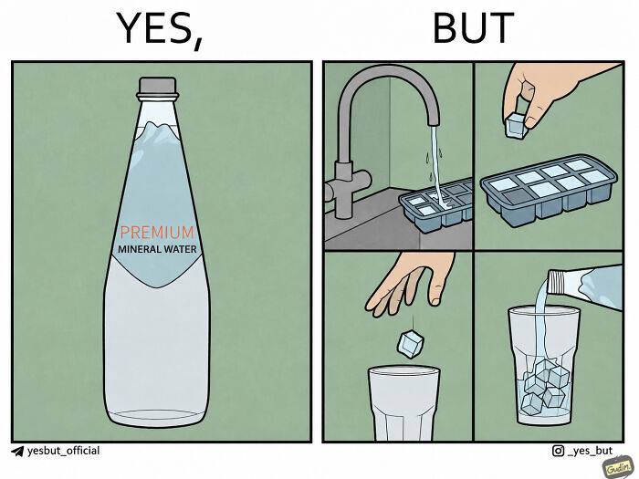 A comic strip depicting a bottle of premium mineral water, followed by a person making ice cubes and pouring water.