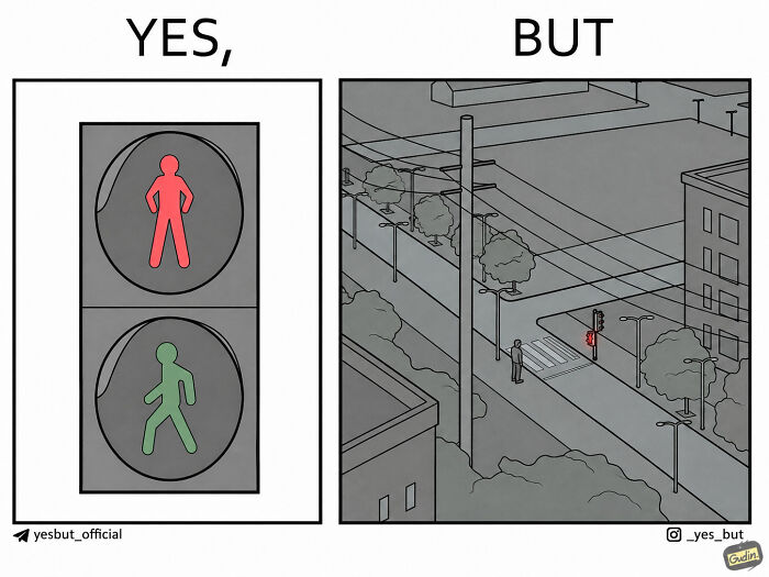 A comic strip showing a pedestrian traffic light with red and green figures, then a street scene with the red figure.