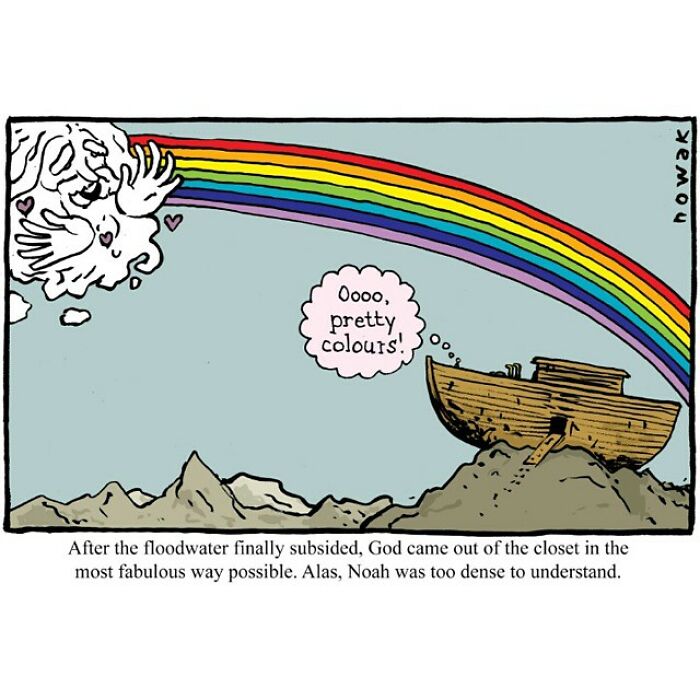 A single-panel comic by Joseph Novak showing a rainbow coming from a cloud with Noah's Ark on a mountain.