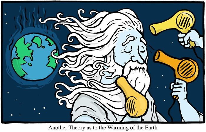 Humorous single-panel comic by Joseph Novak depicting God being blow-dried, causing global warming.