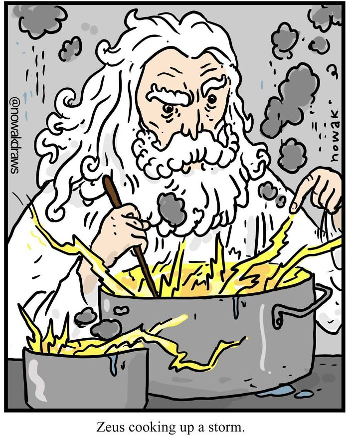 Amusing single-panel comic by Joseph Novak illustrating Zeus cooking up a storm in a pot.