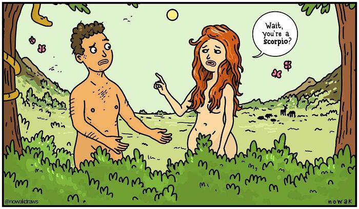 Clever single-panel comic by Joseph Novak with Adam and Eve discussing zodiac signs in the Garden of Eden.
