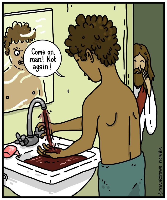 Relatable single-panel comic by Joseph Novak of Jesus turning water into wine, to the dismay of a man.