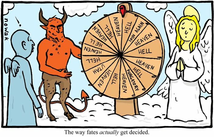 A single-panel comic by Joseph Novak of an angel, a devil, and a man next to a Wheel of Fortune-style wheel.