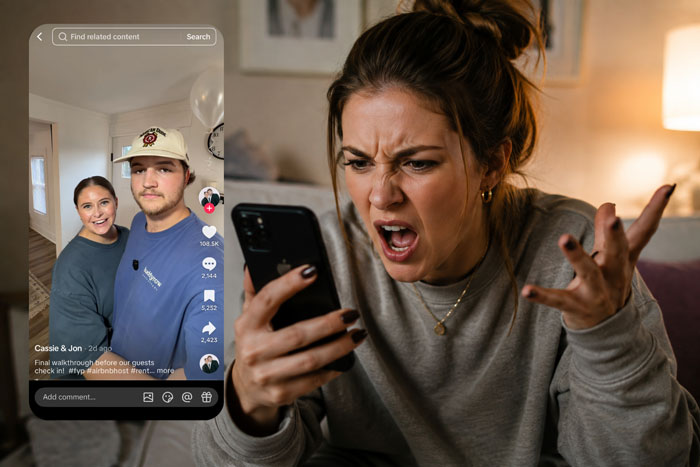 A woman looking angry at her phone, watching a video of a couple, illustrating the hate-watch algorithm.