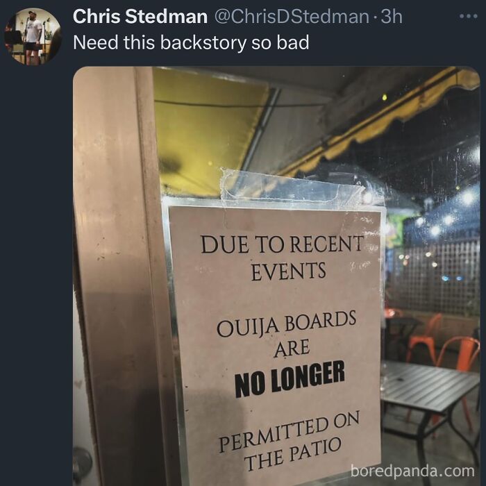 A sign on a glass door states Ouija boards are no longer permitted on the patio, among funny memes to procrastinate.