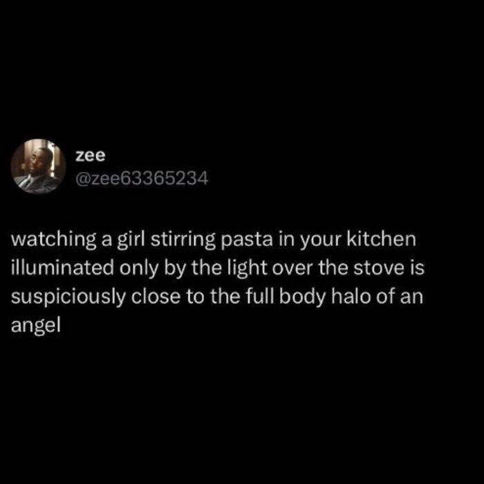 A social media post comparing stirring pasta to an angel's halo, a hilarious meme for procrastinating.