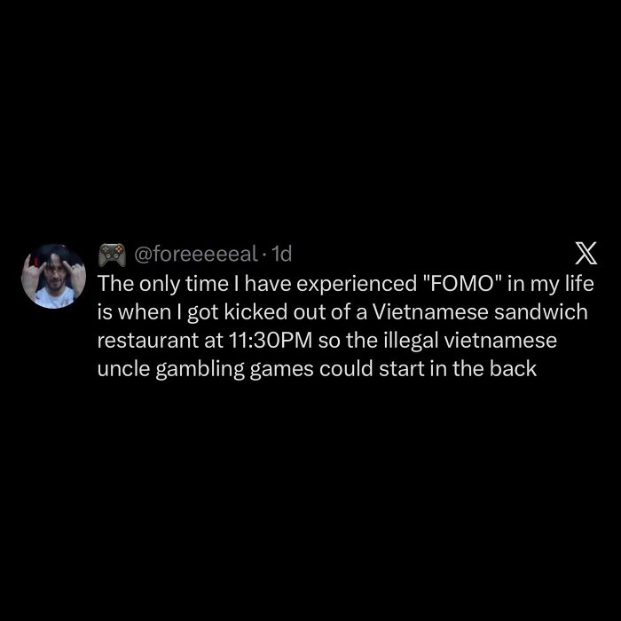 A black screen displaying a tweet about experiencing FOMO from a Vietnamese sandwich shop. Hilarious memes for procrastinating.