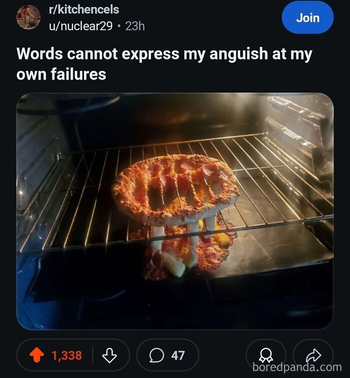 Hilarious memes: a burnt waffle in the oven resembling a mushroom cloud, expressing culinary anguish and failure.