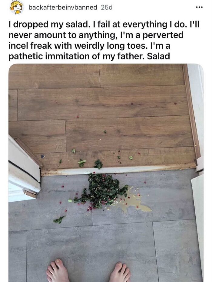 Hilarious memes: spilled salad on the floor next to bare feet, symbolizing everyday failures and procrastination.