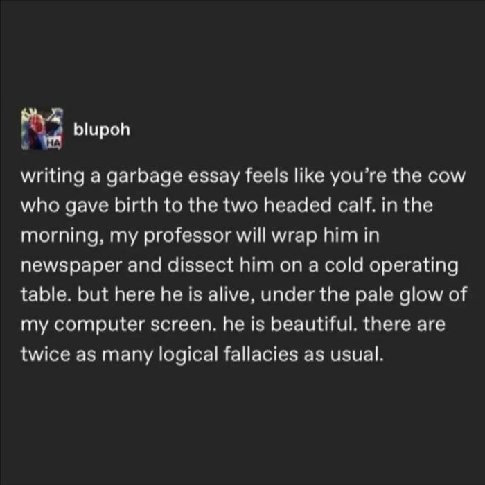 Hilarious memes: A tweet about the struggles of writing a garbage essay, comparing it to giving birth to a two-headed calf.