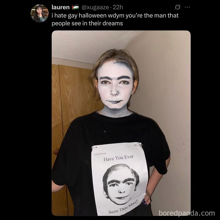 Hilarious memes: A person dressed in a scary Halloween costume, with white face paint and dark makeup, wearing a shirt with a face.