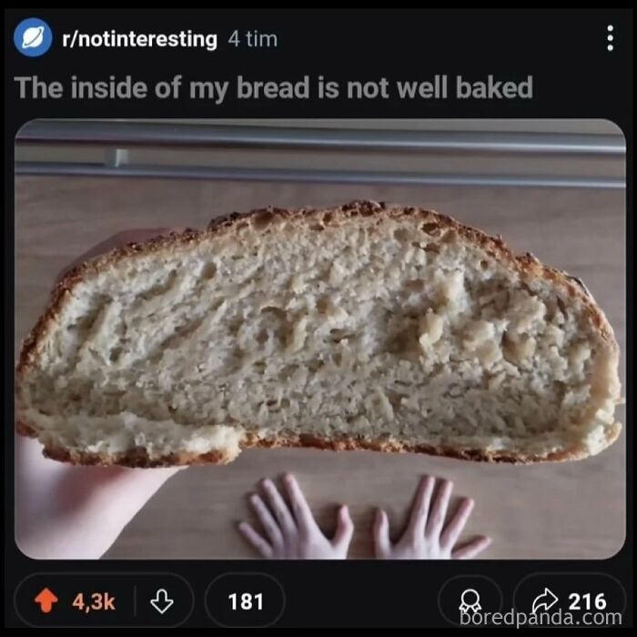 A Reddit post showing underbaked bread with tiny hands, an example of hilarious memes.