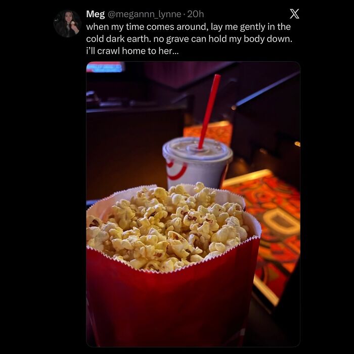 A social media post showing a large bag of popcorn and a drink, with text about crawling home after d***h, a hilarious meme for procrastinating.