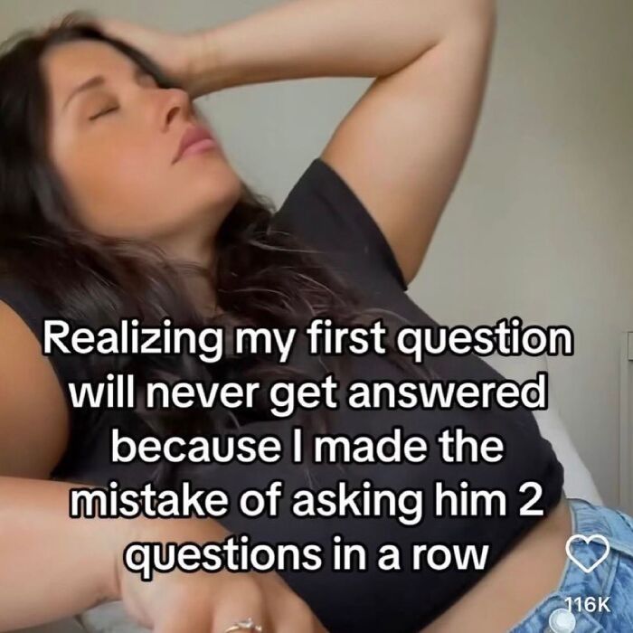 A woman looking frustrated, with text overlay about unanswered questions due to asking two in a row. Hilarious memes.