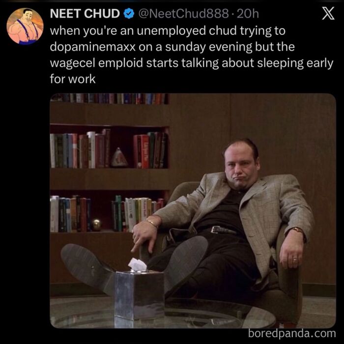 A screenshot of a tweet from NEET CHUD, showing a man sitting with his feet up, a hilarious meme.