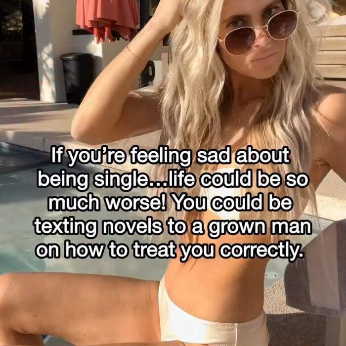 A woman in a bikini with sunglasses, lounging by a pool, with text overlay providing hilarious memes about being single.